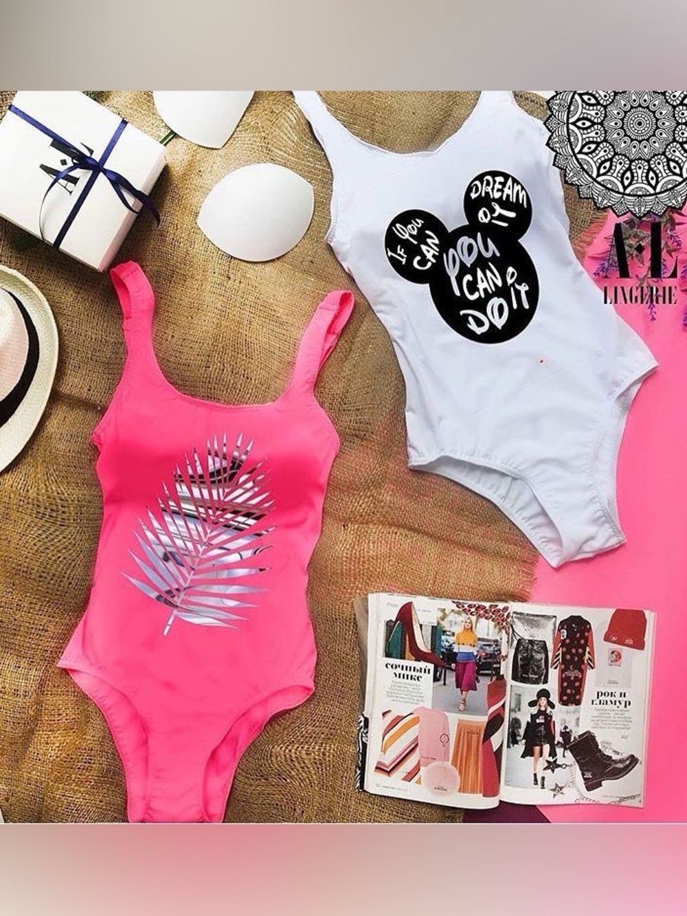 White Graphic One-Piece Swimsuit with Black Motif